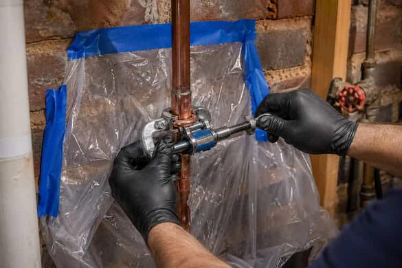 Professional hands repairing a copper water pipe leak in a residential basement to prevent home water damage.