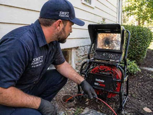 A plumbing technician using a professional diagnostic camera to inspect a sewer line for blocks and backups.