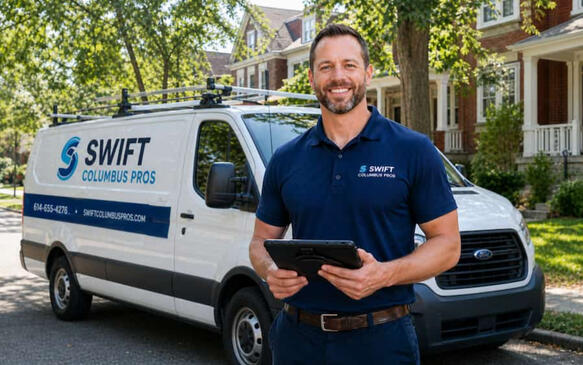 A professional Columbus plumber standing in front of a service van in a local neighborhood, representing 24/7 emergency repair services.